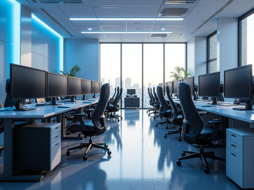 现代简约风格的办公室场景，配有高科技设备和明亮灯光，营造未来感氛围